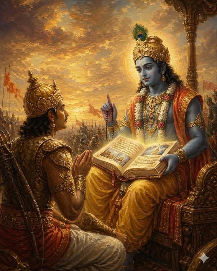 Krishna teaching Arjuna on the battlefield of Kurukshetra